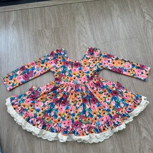 cheeky plum Pink Orange Floral Ruffle Lace Trim Dress